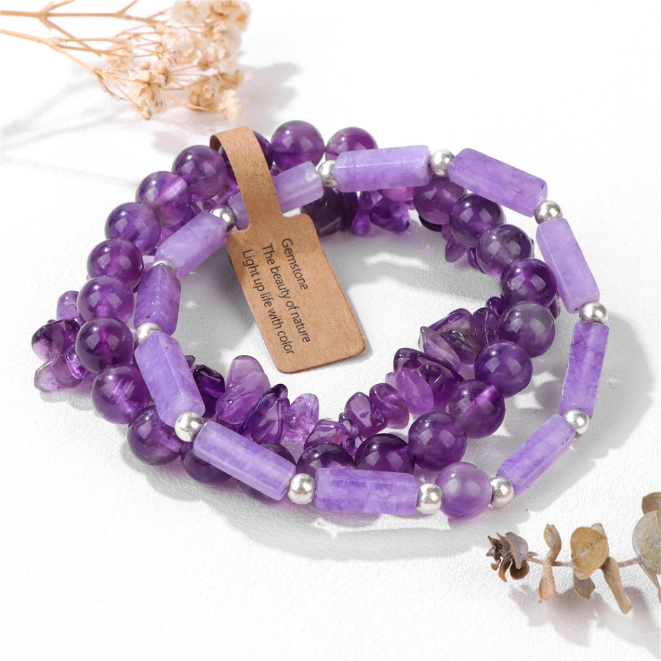 Bracelet homme trois pièces en pierres naturelles améthyste rectangulaire et étiquette, un accessoire masculin élégant.