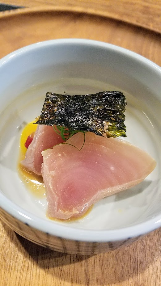 Nodoguro Twin Peaks themed dinner dish of Tuna Salad, Albacore dipped in smoky olive oil, tomatoes in dashi, pickled coriander berry, egg yolk emulsion.