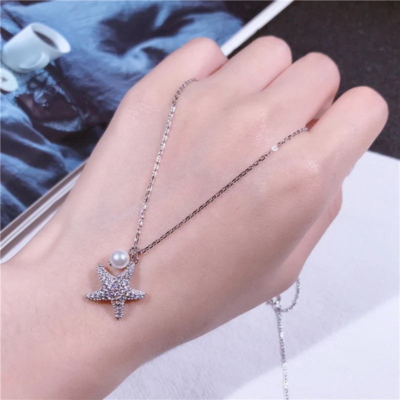 S925 Sterling Zilveren Zeester Parel Micro-ingezette Volledige Diamantketting, schitterend en elegant voor een bijzondere uitstraling.