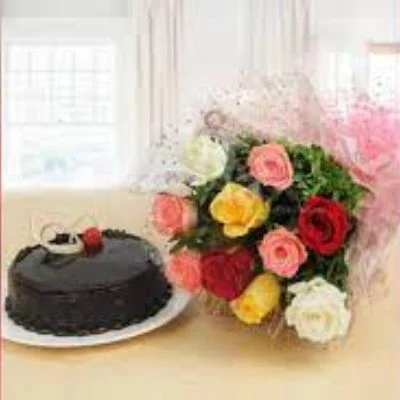 Chocolate Truffle Cake And 10 Mix Roses Bunch