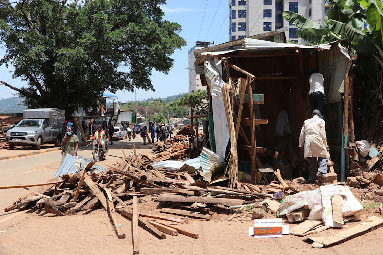 Stalls that were demolished by law enforcement officers in Kisii town on Friday