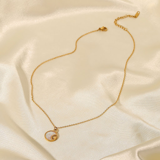 Title 6, Stainless Steel White Shell Moon Necklace Gold-...