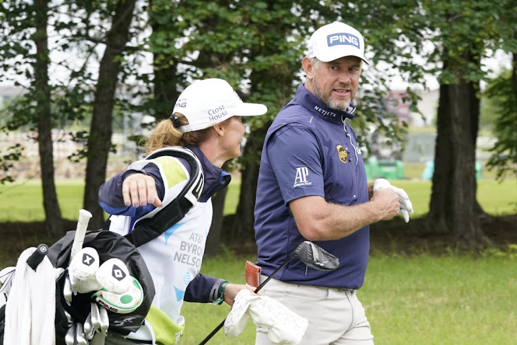 Lee Westwood and his caddie Helen Storey during the final round of the AT&T Byron Nelson golf tournament McKinney, Texas on May 16, 2021