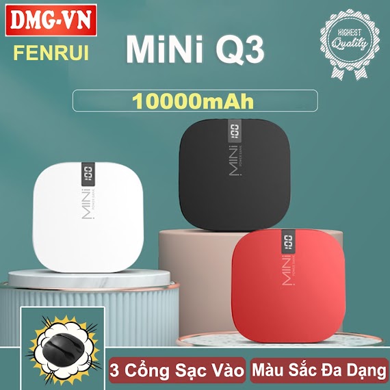 Sạc Dự Phòng Mini Q3 10000Mah Đèn Led Chữ Số 3 Cổng Đầu Vào Android, , Type - C, 2 Cổng Đầu Ra Usb