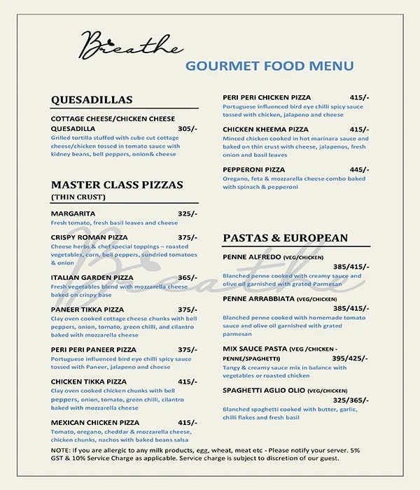 Breathe - Air Lounge & Cafe menu 