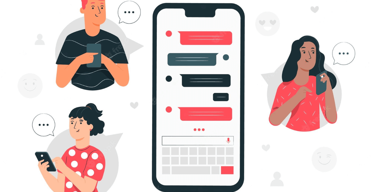 People sending text messages and SMS shown on mobile-vector illustration