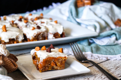 Caramel Cookie Bars from a Cake Mix slice on a plate.