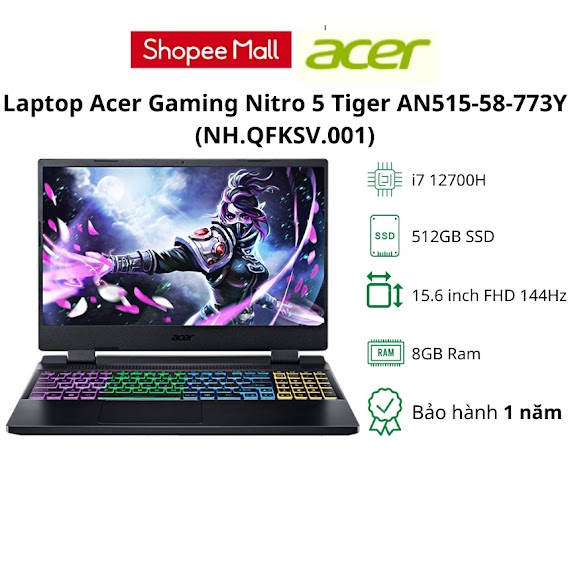 [Mã Elmall5 Giảm Đến 500K] Laptop Acer Gaming Nitro 5 Tiger An515 - 58 - 773Y/I7 - 12700H/8Gb/512Gb/4Gb Rtx3050Ti/144Hz