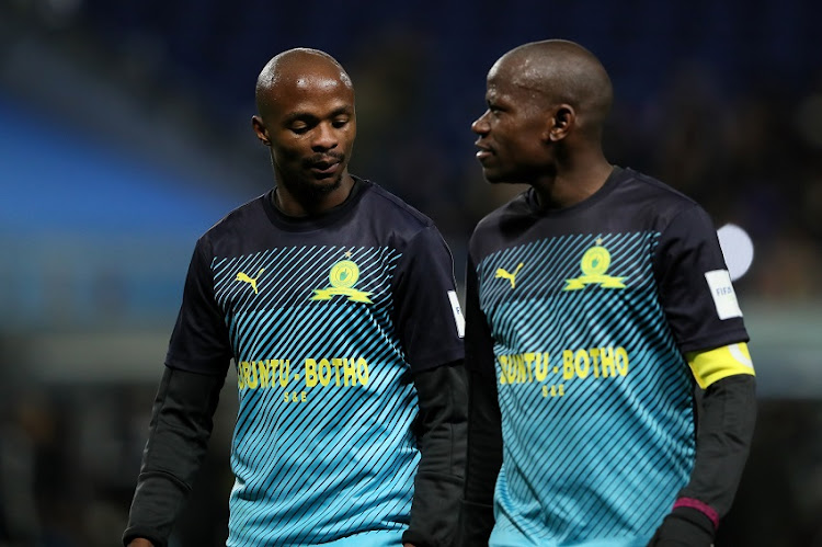 Tebogo Langerman of Mamelodi Sundowns and Hlompho Kekana react at the end of the FIFA Club World Cup 5th Place match between Jeonbuk Hyundai and Mamelodi Sundowns at Suita City Football Stadium on December 14, 2016 in Suita, Japan.