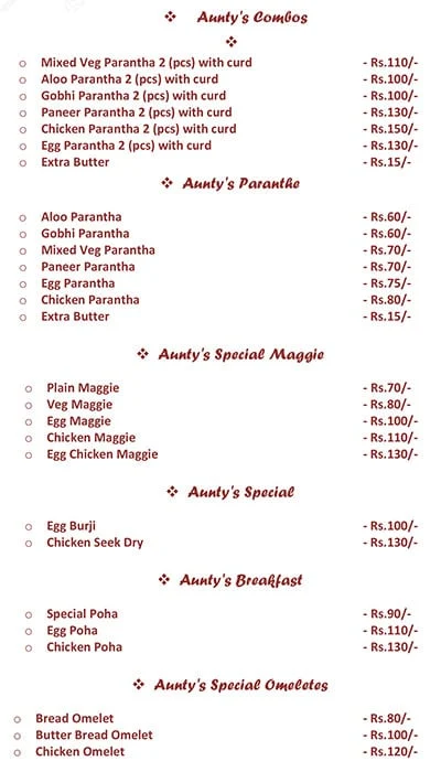 Aunty's Paranthe menu 