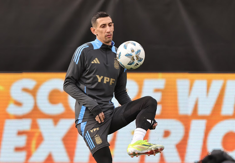 Angel Di Maria warms up during an Argentina training session at Los Angeles Memorial Coliseum in Los Angeles, California on Monday.