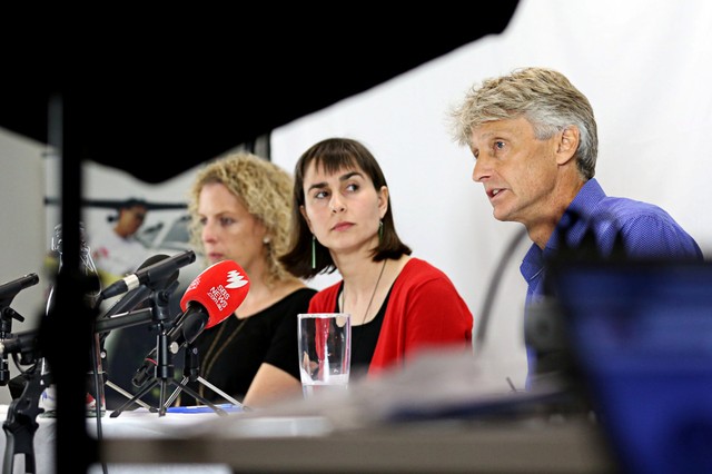 Dr Christine Ruffler, Dr Dr Beth O'Connor and Dr Paul McPhun from Medecins Sans Frontieres (Doctors Without Borders) address the media in Sydney, Australia, October 11, 2018.