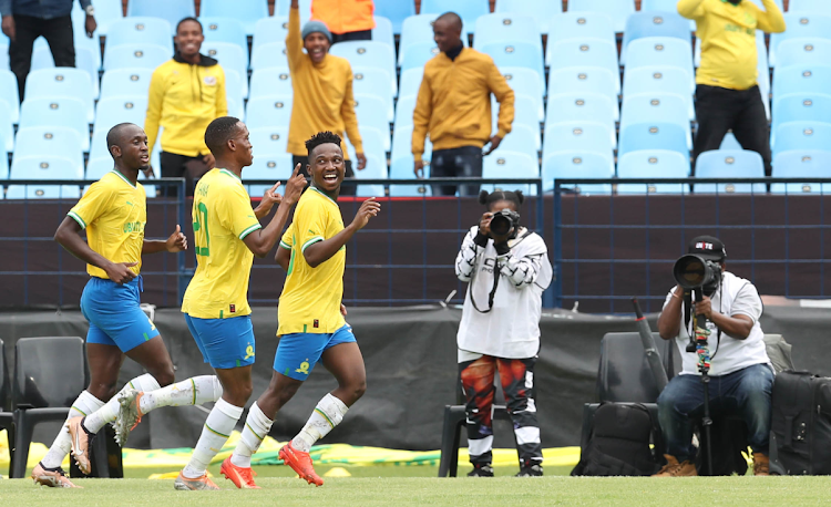 Mamelodi Sundowns striker Cassius Mailula (front) celebrates his goal with teammates during the CAF Champion League match against Al Hilal at Loftus.