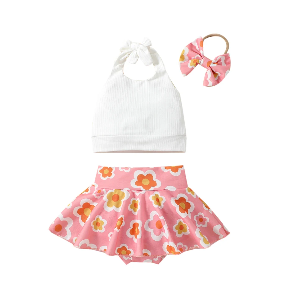 Conjunto de falda pantalón con flores y top de tirantes a color para niñas, ideal para verano y cómodo
