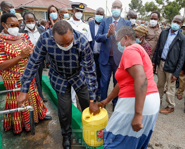 President Uhuru Kenyatta when he launched the Kabiria Community Water Supply Project on February 12, 2021.