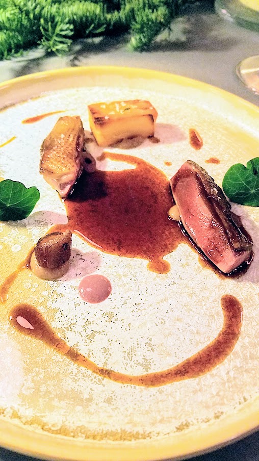 Meet the Chef Albert Adria dinner with Ataula, pichon course of squab, purple mustard-red miso, dates, yuca paired with Chateau le Puy, Emilien, Bordeaux France 2015