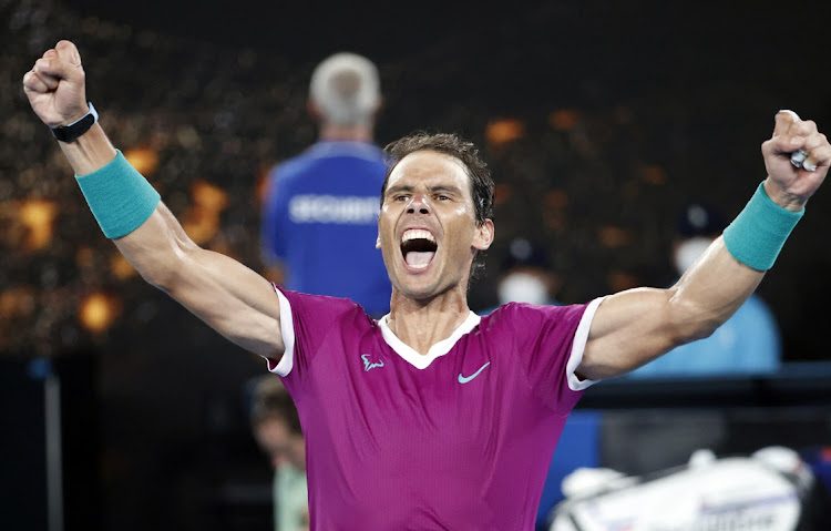 Rafael Nadal celebrates winning the 2022 Australian Open final against Russia's Daniil Medvedev.