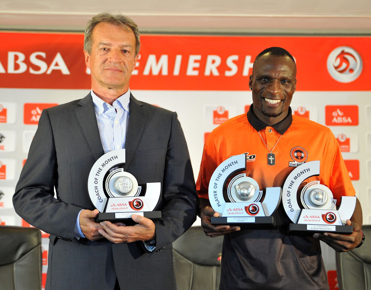 Rodney Ramagalela of Polokwane City voted player of the month of October and his goal wins a goal of the month of October with Bloemfontein Celtic head coach Veselin Jelusic as coach of the month of October during 2017 PSL Absa Monthly Awards Announcement at PSL Offices in Parktown ,Johannesburg South Africa on 09 November 2017.