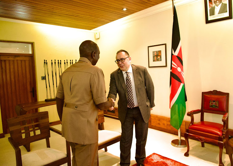 President William Ruto welcoming Azerbaijan's Ambassador to Kenya, Sultan Hjiyev, at State Lodge Sagana, Nyeri County, on February 15, 2024.