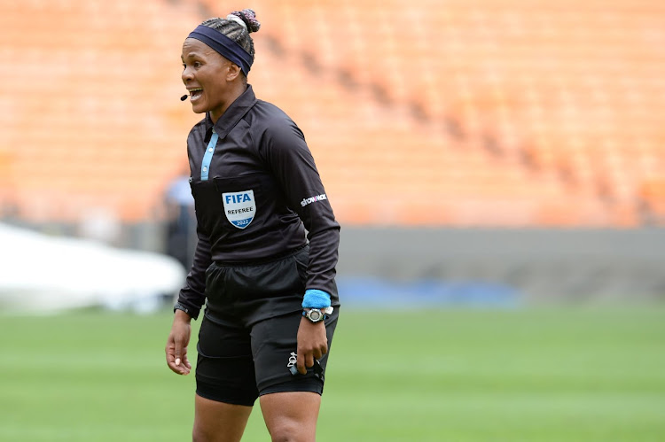 Referee Akhona Makalima during the DStv Compact Cup 3rd/4th place play-off match between Dinaledi and Amabutho at FNB Stadium on January 29, 2022.