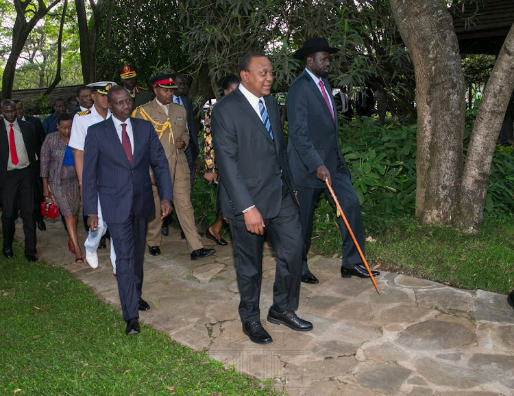 DP William Ruto, President Uhuru Kenyatta and South Sudan's Salva Kiir during the National Prayer Breakfast on Thursday, May 30, 2019.