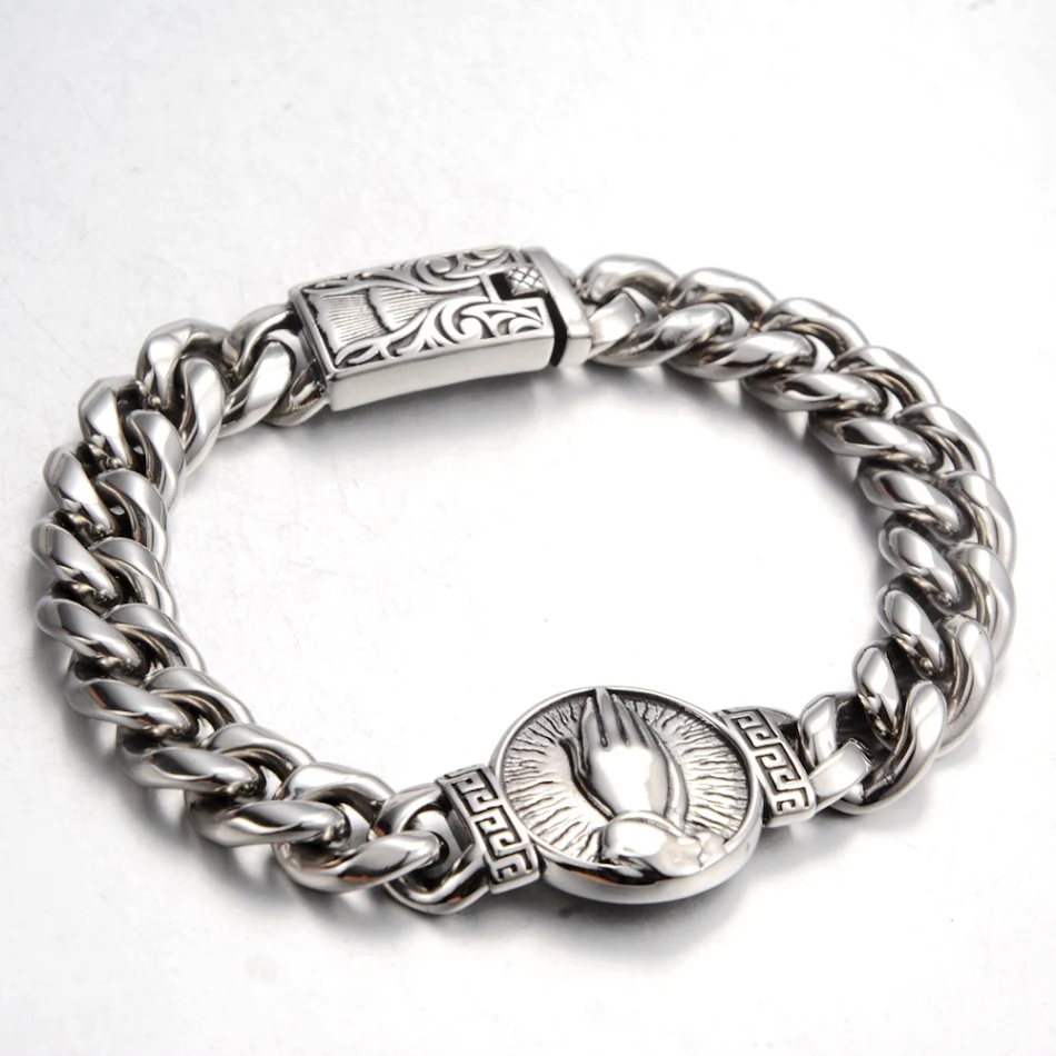 Bracelet cubain de prière rétro européen en acier titane, mode hip hop, pour hommes, alliant style et spiritualité.