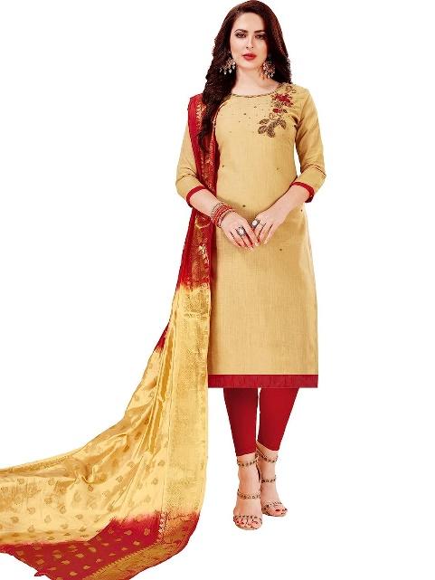 Buy leeza store Women's Cotton Slub Embroidered Unstitched Churidar Salwar  Kameez Suit Dress Material With Banarasi Dupatta - Beige at Amazon.in