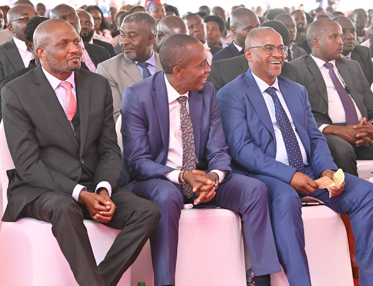 CS for Trade Moses Kuria, Kiambu Governor Kimani Wamatangi and CS for Lands Zakariah Njeru during the groundbreaking ceremony of the Ruiru Affordable Housing Project in Kiambu on January 19. 2023.