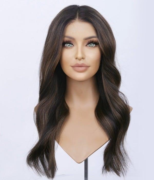 Penelope | Highlighted Dark Brunette Remy Human Hair Lace Front Wig S/M| TopComfort Cap