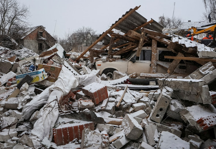 A view shows a house destroyed in a Russian missile strike in the town of Zmiiv, amid Russia's attack on Ukraine, in Kharkiv region, Ukraine, on January 8 2024. Picture: SOFIIA GATILOVA/REUTERS