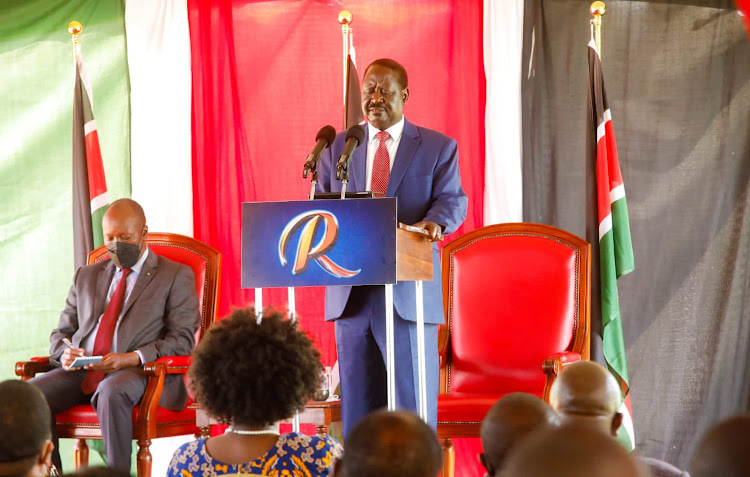 ODM leader Raila Odinga makes his speech during a tour of Nakuru County on August 18, 2021.