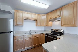 Kitchen with light wood cabinets, stainless steel appliances, stone inspired countertops, and dark wood inspired flooring