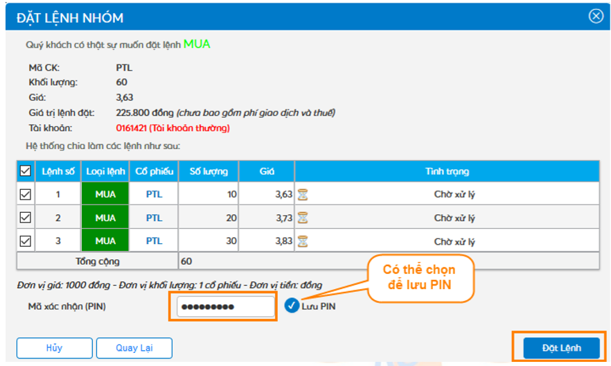 Đặt lệnh nhóm - Xác nhận mã PIN