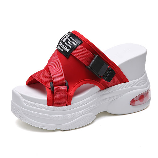 Title 6, Red casual white indoor slippers with thick sol...
