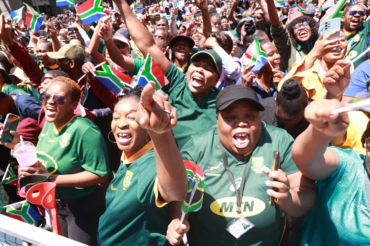 Fans welcoming Springboks team during their World Cup Trophy Tour at FNB at Bank City in Johannesburg CBD.