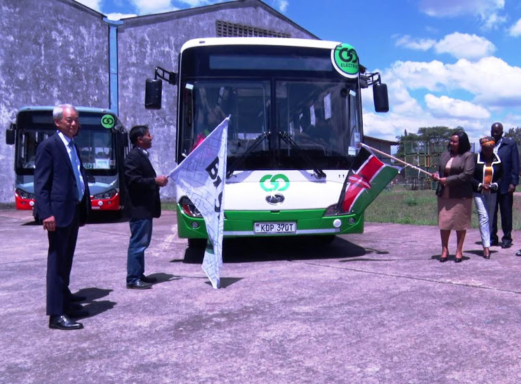 Trade and Industrialization Cabinet Secretary Rebecca Miano flags-off new Citi Hoppa electric buses that have been assembled at the Kenya Vehicle Manufacturers (KVM) in Thika in partnership with BasiGo Company on April 16, 2024