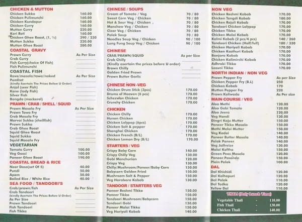 Costal Delight Family Restaurant menu 