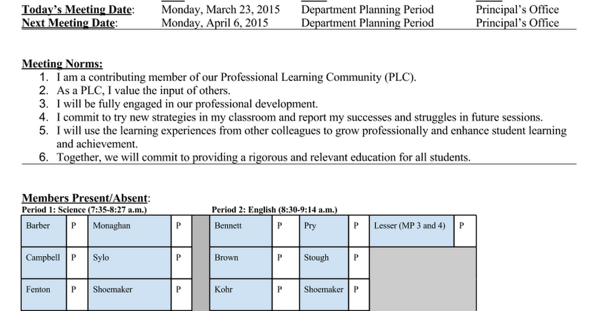 Department Meeting Minutes 03/23/15