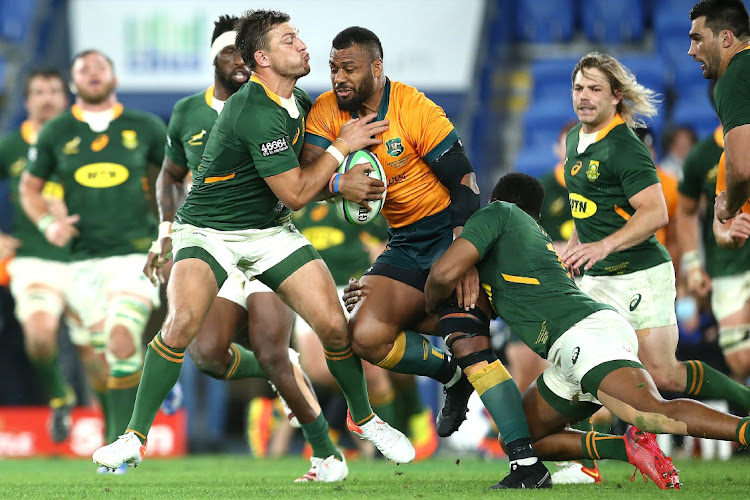 Samu Kerevi of the Wallabies makes a run during the Rugby Championship match between the South Africa Springboks and the Australian Wallabies at Cbus Super Stadium on September 12, 2021 in Gold Coast, Australia.