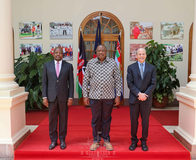 Health Cabinet Secretary Mutahi Kagwe , President Uhuru Kenyatta and Chairman and CEO of SC Johnson and Sons Company Dr Johnson