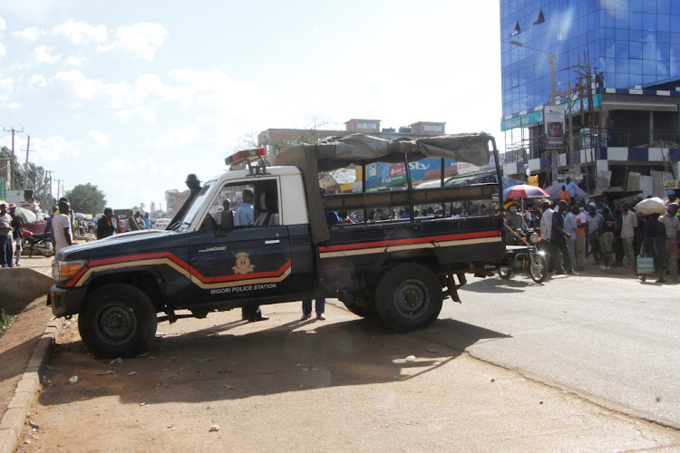 A police vehicle seals of a section of the road in Migori town on Thursday before Deputy President William Ruto and Migori Governor Okoth obado addressed a rally on Thursday