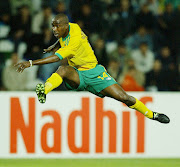 South Africa's Siyabonga Nomvete scores second goal during the 2004 Africa Cup of Nations Afcon football match between South Africa and Benin at Sfax, Tunisia on 27 January 2004 