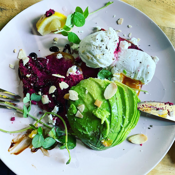 Gf toast, avocado with beetroot relish and eggs. Delicious!