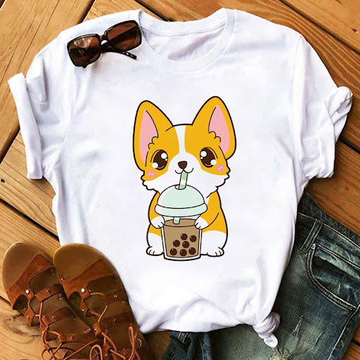 Title 3, New Cute Milk Tea Print Short Sleeve Women