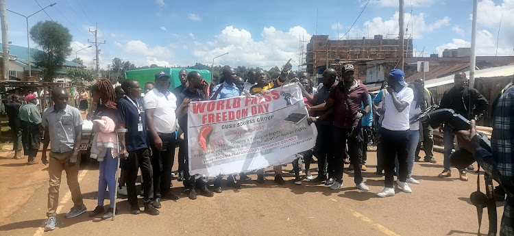 Gusii journalists during a match to celebrate World Press Freedom day on Wednesday