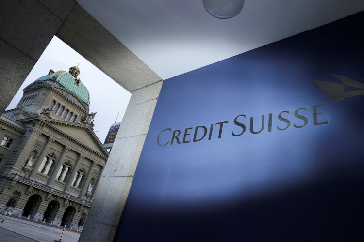 The logo of Credit Suisse in front of the Swiss parliament in Bern, Switzerland, March 19 2023. Picture: DENIS BALIBOUSE/REUTERS