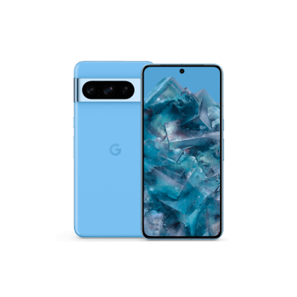 Vorder- und Rückseite von Google Pixel 8 Pro in der Farbe Bay. Auf dem Frontdisplay ist eine bunte Wolke zu sehen.