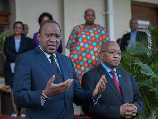 Presidents Uhuru Kenyatta and Jacob Zuma (South Africa) at the latter's Dr John Dube residence in Durban, January 11, 2018. /PSCU