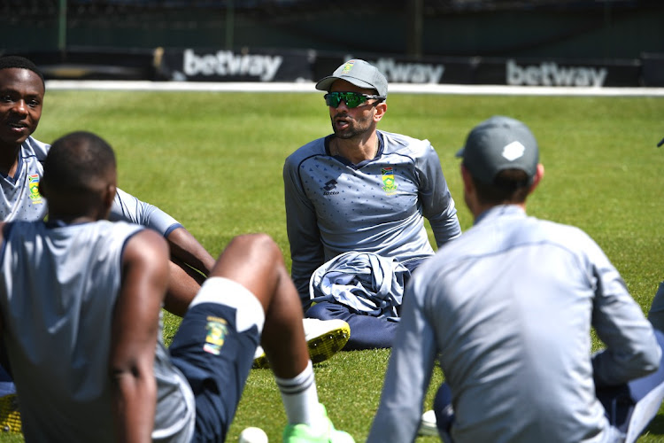 Keshav Maharaj addresses a meeting of Proteas bowlers at SuperSport Park. File photo: LEE WARREN/GALLO IMAGES