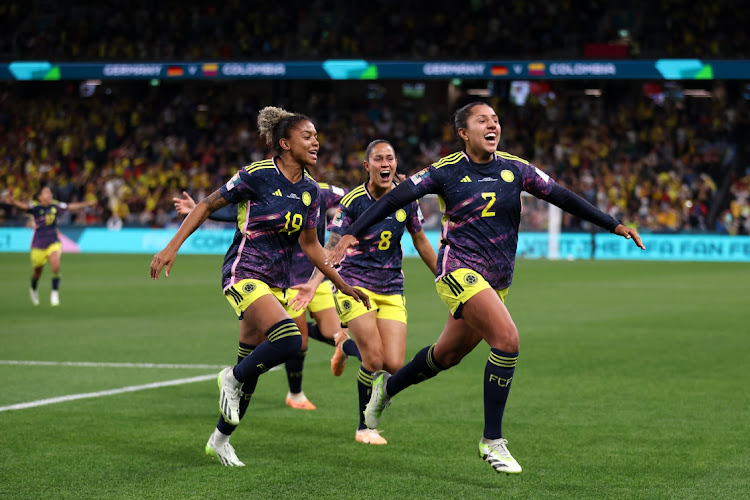 Manuela Vanegas celebrates with here teammates after scoring Colombia's second goal in their Women's World Cup group H match against Germany at Sydney Football Stadium on July 30 2023.